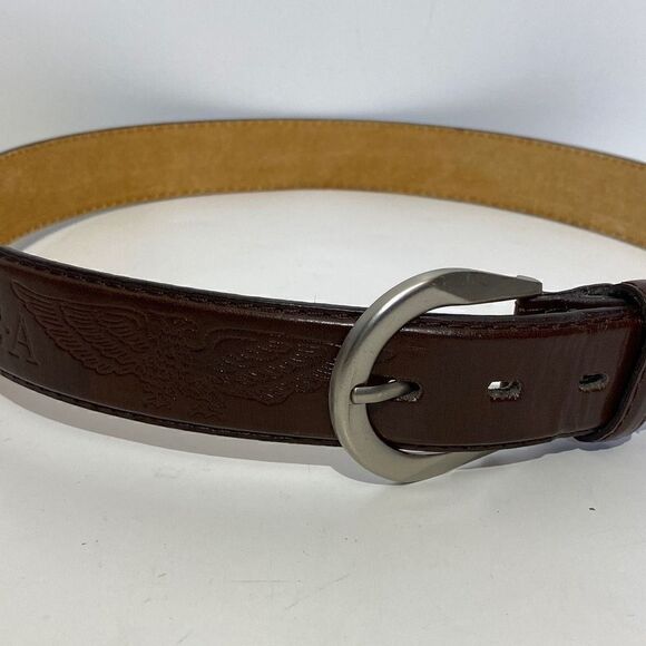 Men's Genuine Leather Belt Embossed Eagle USA Patriotic Logo Brown Large 42" - Picture 1 of 7